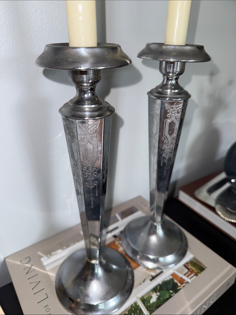 2 Vintage Cromwell Art Deco Etched Chrome Chromium Candlesticks 11" Tall